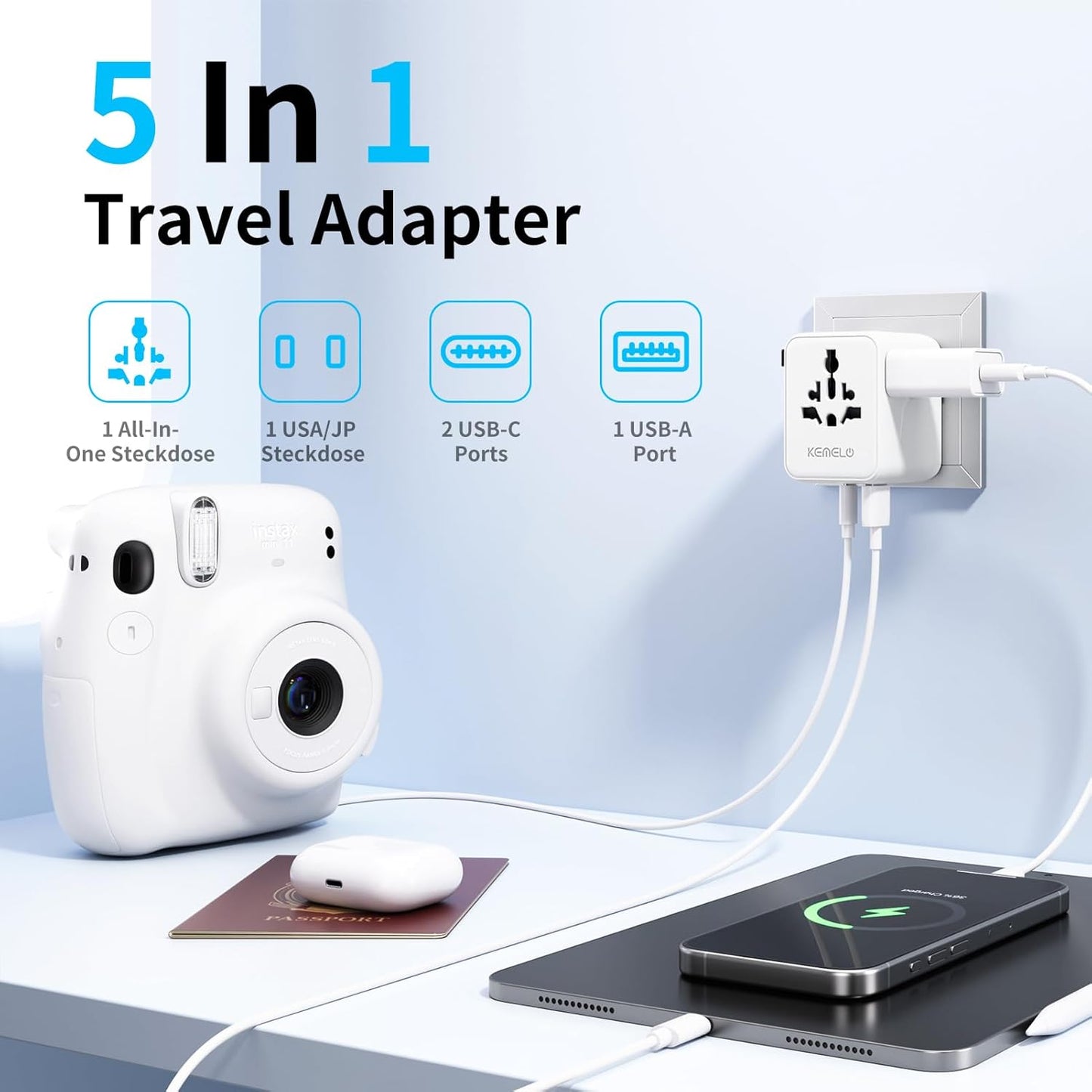 5-in-1 Universal Travel Adapter with USB-A and USB-C Ports