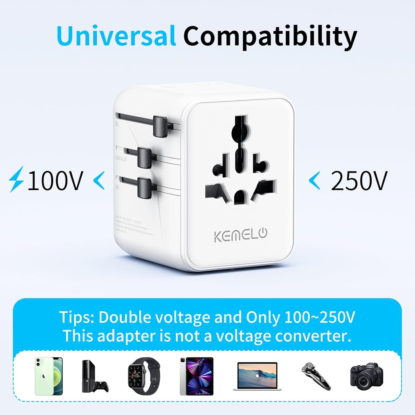 5-in-1 Universal Travel Adapter with USB-A and USB-C Ports